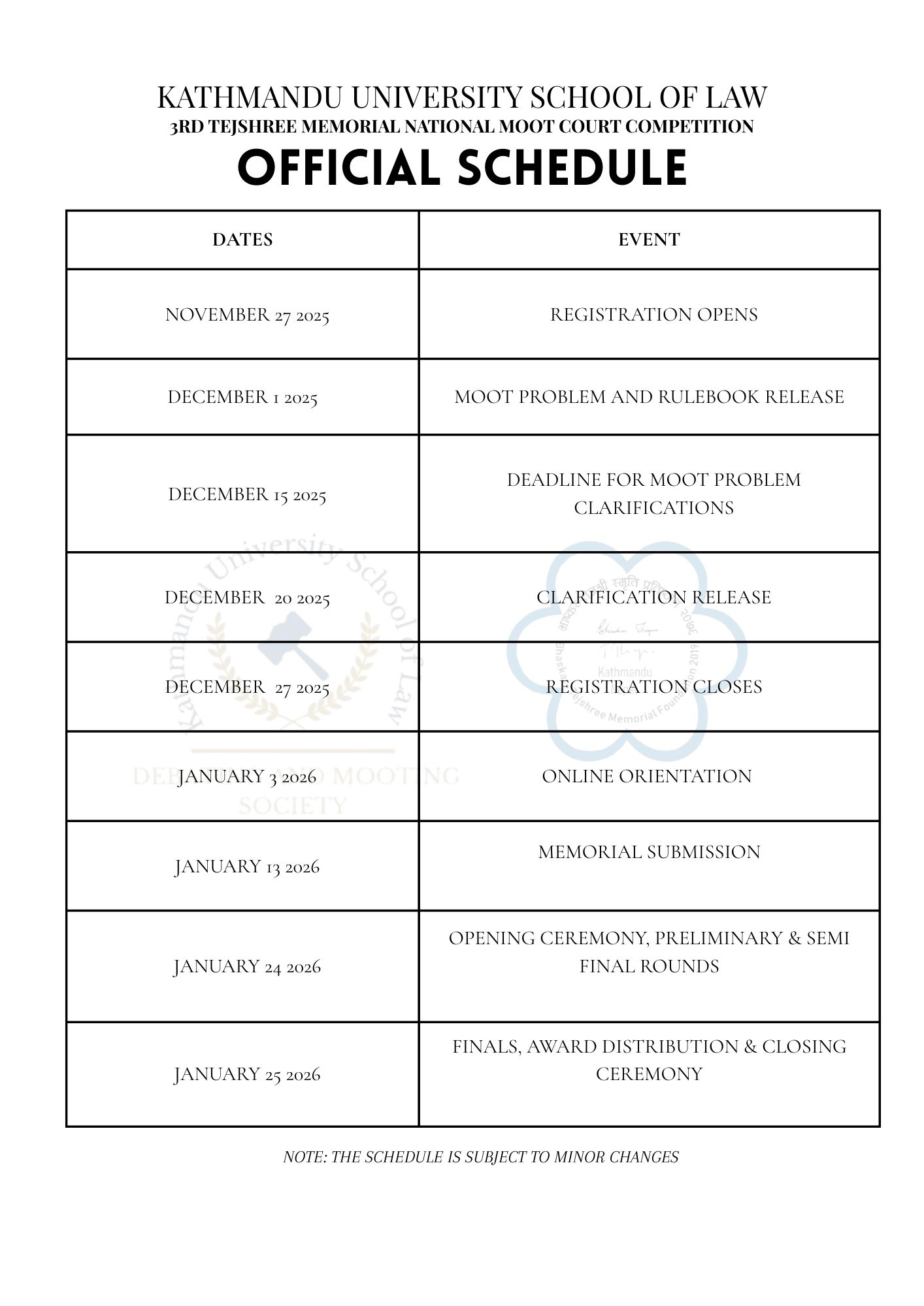 Official schedule for the 3rd Tejshree Memorial Moot Court Competition
